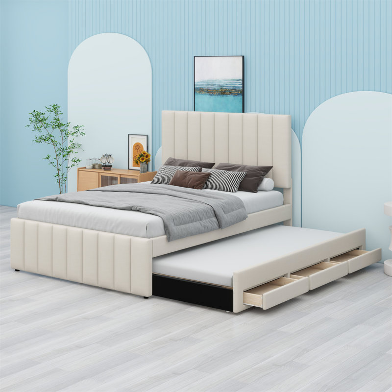 Lit plateforme tapissier avec lit gigogne et 3 tiroirs, Beige
