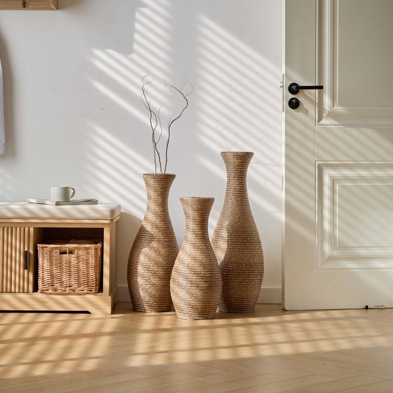Vase de plancher en rotin artificiel 3 pièces beige élégant - un article de signature pour la décoration du salon, de l'entrée ou du couloir - une décoration polyvalente convenant aux arrangements floraux secs ou en soie