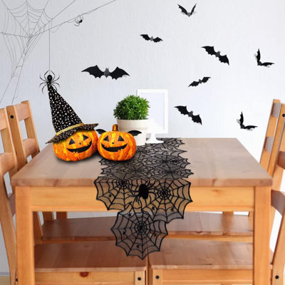 Halloween Decoration Table Runner with 12 Pack 3D Bats | Spider Web Black Lace Table Runner for Kitchen Dinner Table, Halloween Party Decoration Indoo