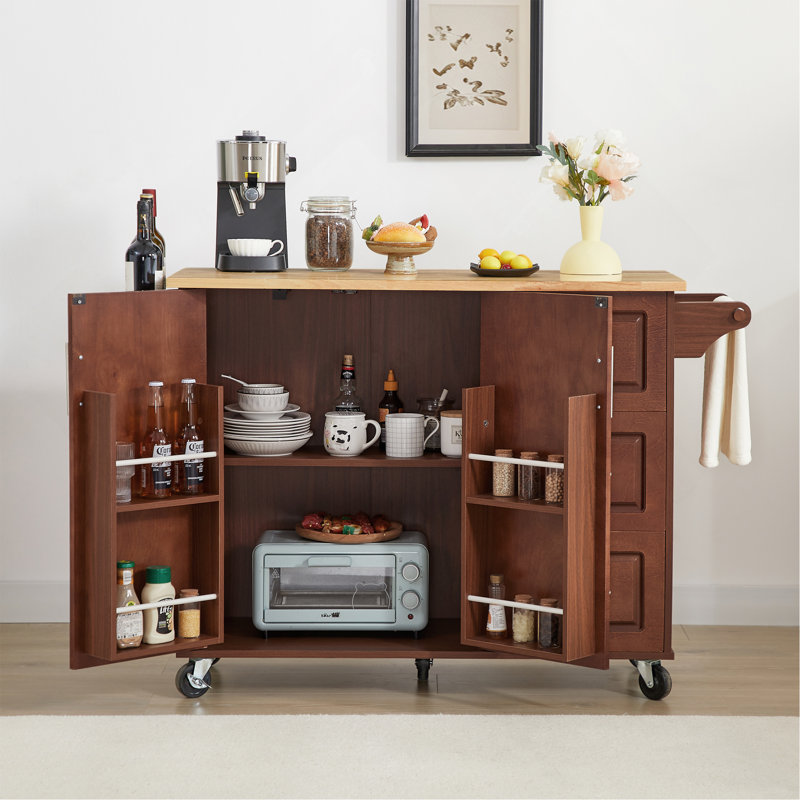 Culinary Rolling Kitchen Island with Rubberwood Countertop & Ample Storage, Brown