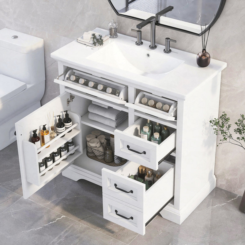 Meuble-lavabo 36 po avec lavabo, lavabo en céramique, 2 tiroirs basculants, charnières de porte à fermeture en douceur, Blanc