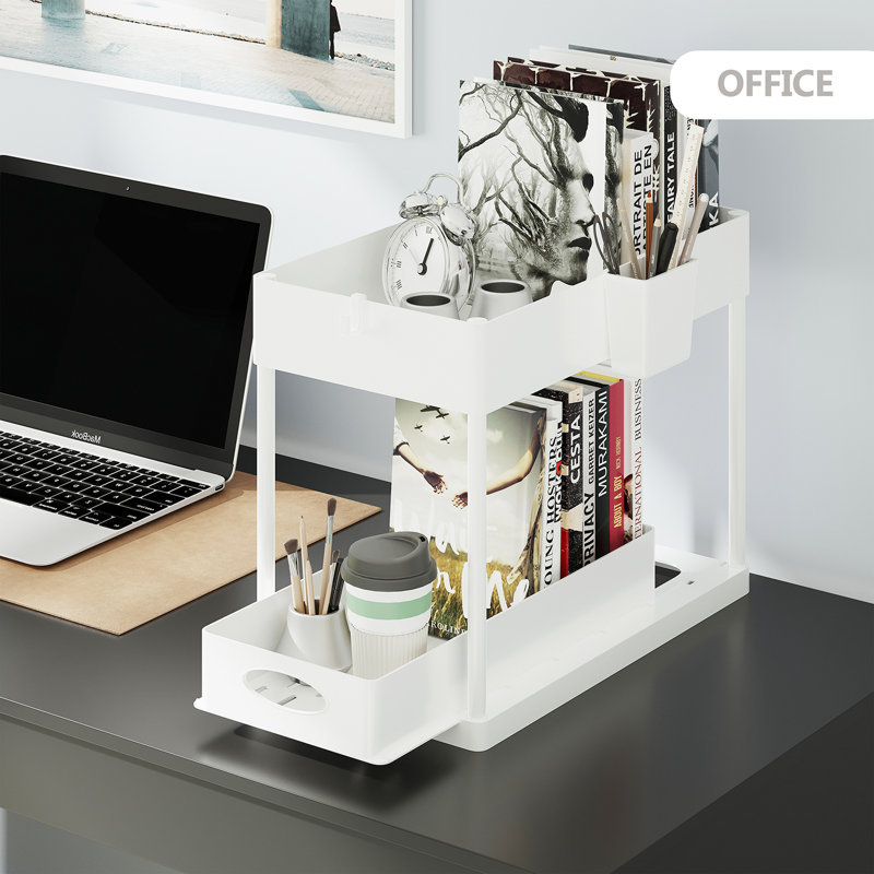 StorageBud 2 Tier Non-Slip Grip Under Sink Organizer with Utility Hooks, Side Caddy & Sliding Drawer, White
