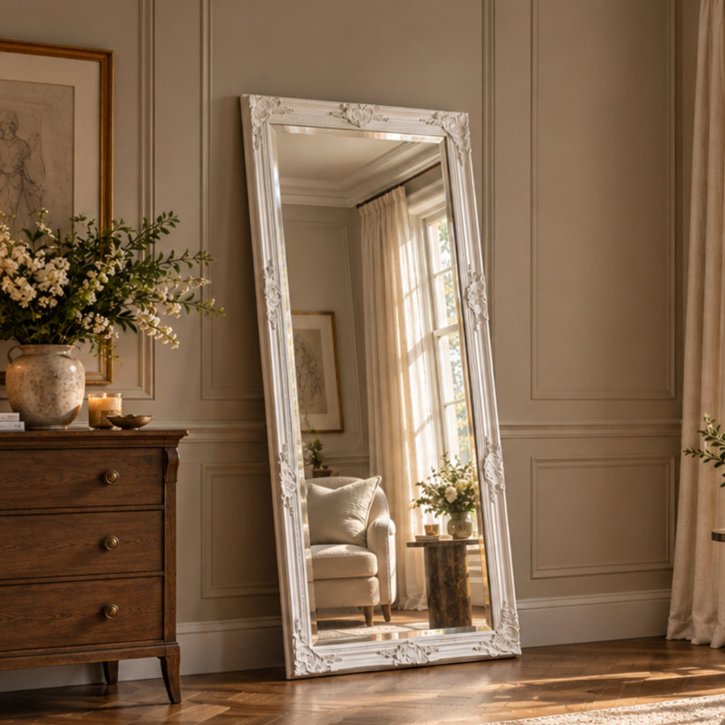Madeleine Carved Classic Accent Mirror, 74cm W x 163cm W, White