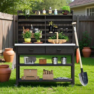 64.9"h Outdoor Potting Bench Table With Lockable Wheels, Solid Wood Outdoor Kitchen Island With Upper Hutch, Stainless Steel Top, Towel Rack ,outdoor Storage For Grilling, Lawn Garden -black
