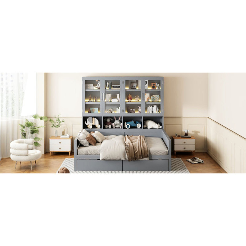 Élégant lit de jour simple avec lumières à DEL et armoire de rangement à porte vitrée, espace d'éclairage gris, Lit simple