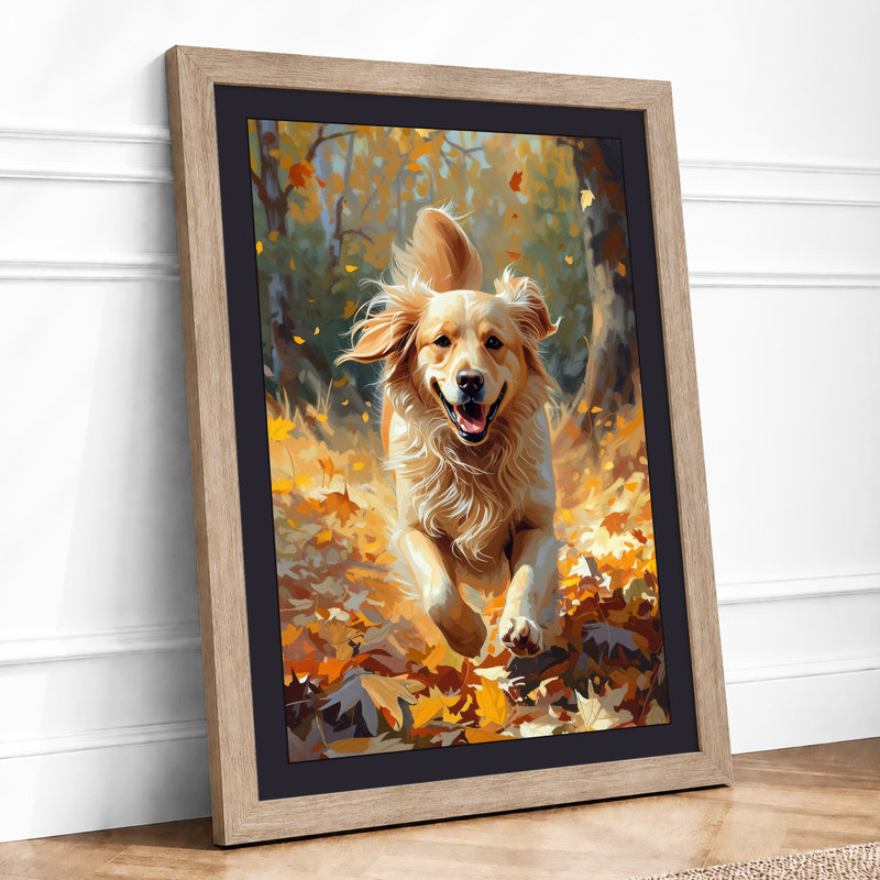 Golden Dog in Autumn Boho - Framed Print, A1 - 84.1 x 59.4 cm, Oak