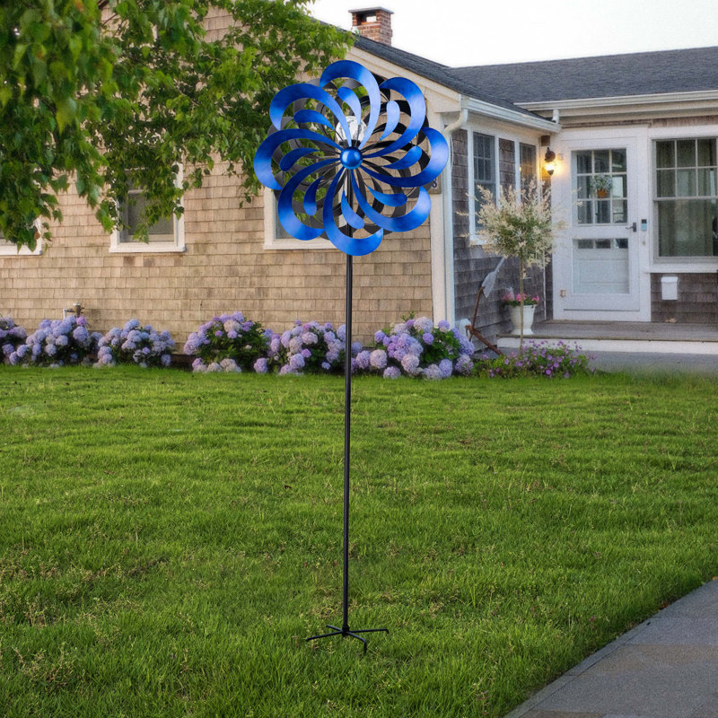 Satoru 18" dia. x 70" H Solar Metallic Kinetic Windmill Spinner, Blue