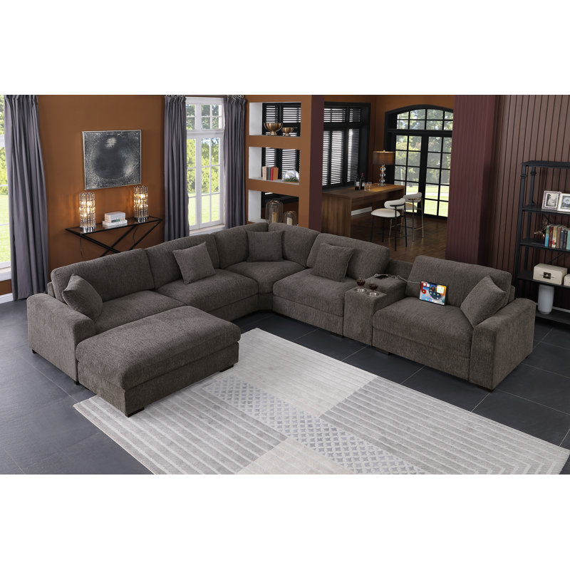 Modern Upholstered Cloud Modular Corner Sectional Sofa With Consoles, Dark Gray Chenille, 36" H x 137.5" W x 124" D