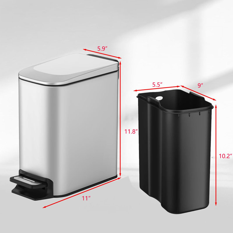 Slim Silver Stainless Steel Soft Close Trash Can with Pedal, 6 Liter