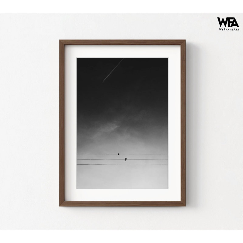 Oiseaux minimalistes sur fil, photographie d'oiseaux en noir et blanc, art mural nature encadré, décoration murale de chambre à coucher, grand cadre photo suspendu
