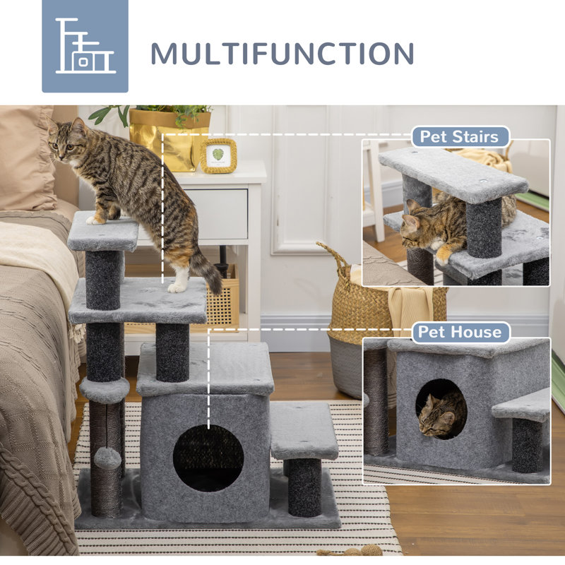 Escalier pour animaux de compagnie, hauteur réglable, 3 ou 4 marches, avec griffoir en sisal, balle jouet pour chat, idéal pour lit en hauteur, canapé ou fauteuil, pour petits chatons d'intérieur, gris.