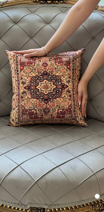 Velvet Oriental Square Pillow Cover & Insert, 16" H x 16" W, Beige