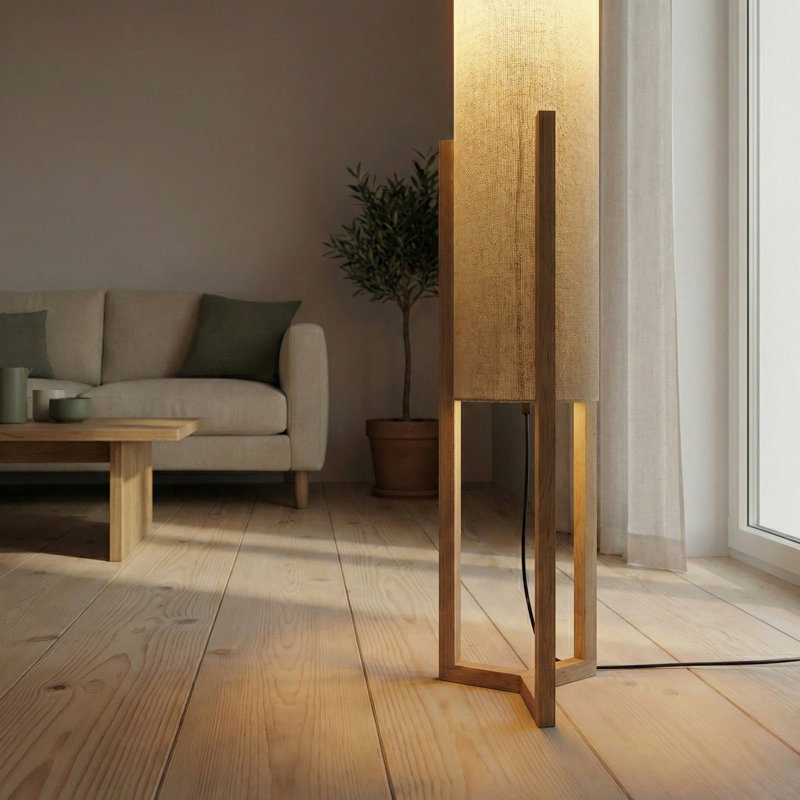 Latia OAK FLOOR LAMP WITH CYLINDRICAL PAPER RATTAN SHADE