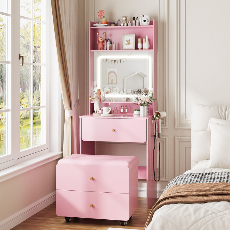 Small Vanity Desk Set With 3 Adjustable Lighted Mirror, Pink