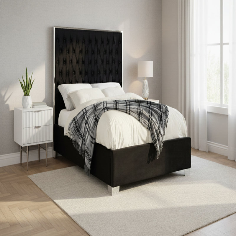 Lit plateforme tapissier capitonné Spadaro, Velours noir, Argent, Double