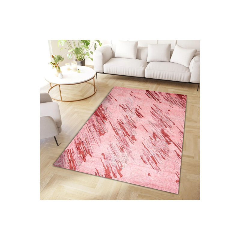 Tapis décoratif moderne à motif abstrait lavable à la machine rose et rouge