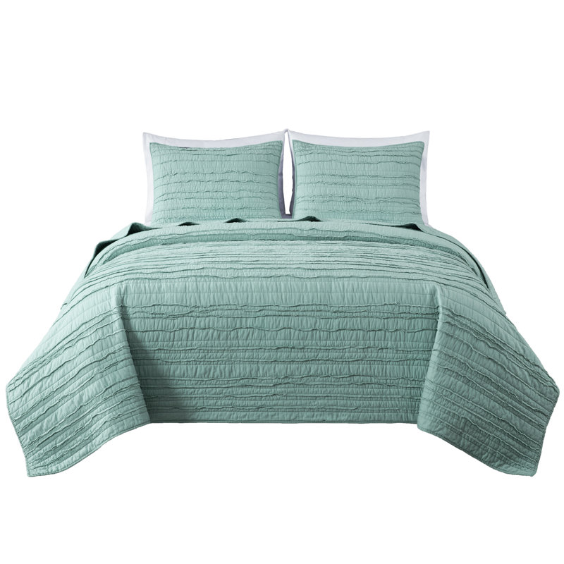 Pre-Washed Solid Cotton Soft-Finished Ruffled Quilt Set, Queen Quilt + 2 Standard Shams, Blush