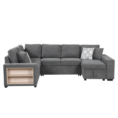 109" U-Shaped Sectional Sofa Pull-Out Sofa Bed With Two USB Ports, A Storage Chaise Lounge And Four Back Pillows For Living Room, Grey