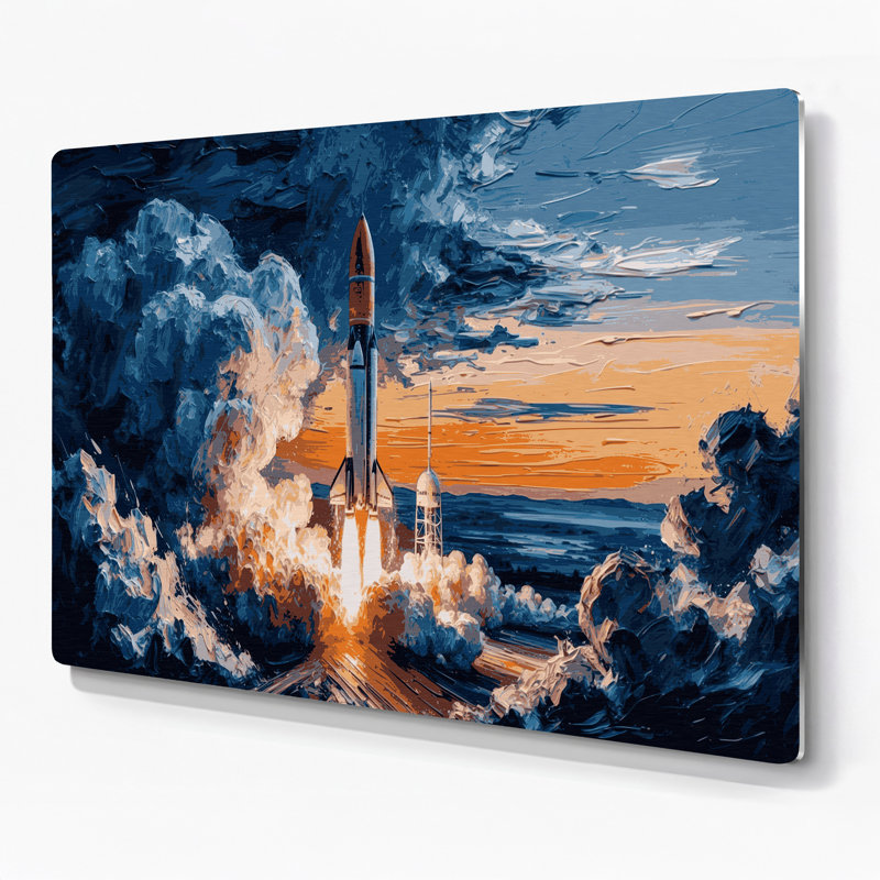 Space Rocket lance un art mural en métal bleu, H 16 po x l 20 po