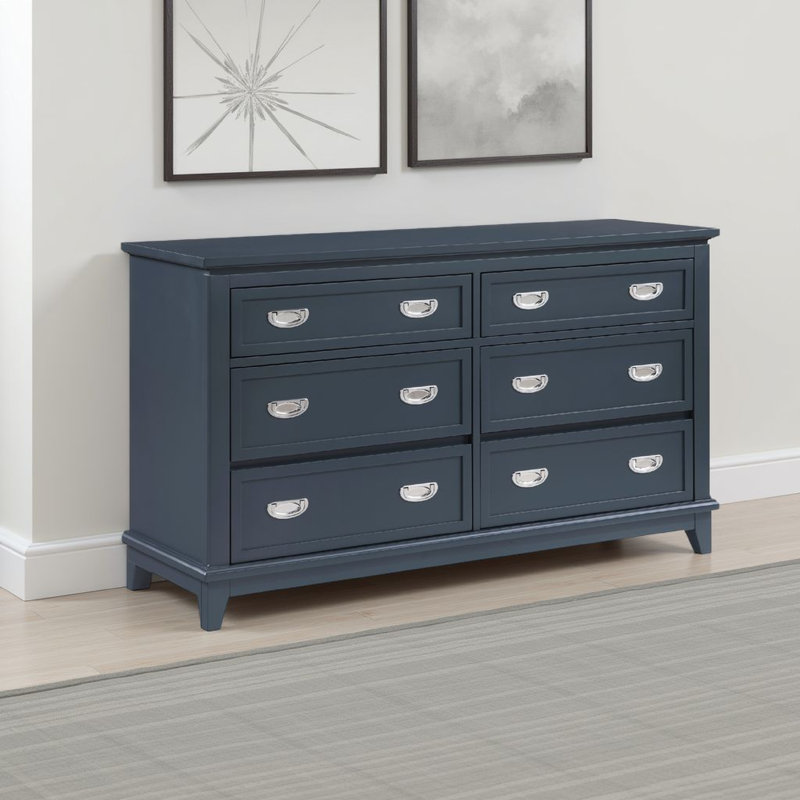 Commode Sely, 55 po, 6 tiroirs, bois, poignées anneaux en nickel, Marine