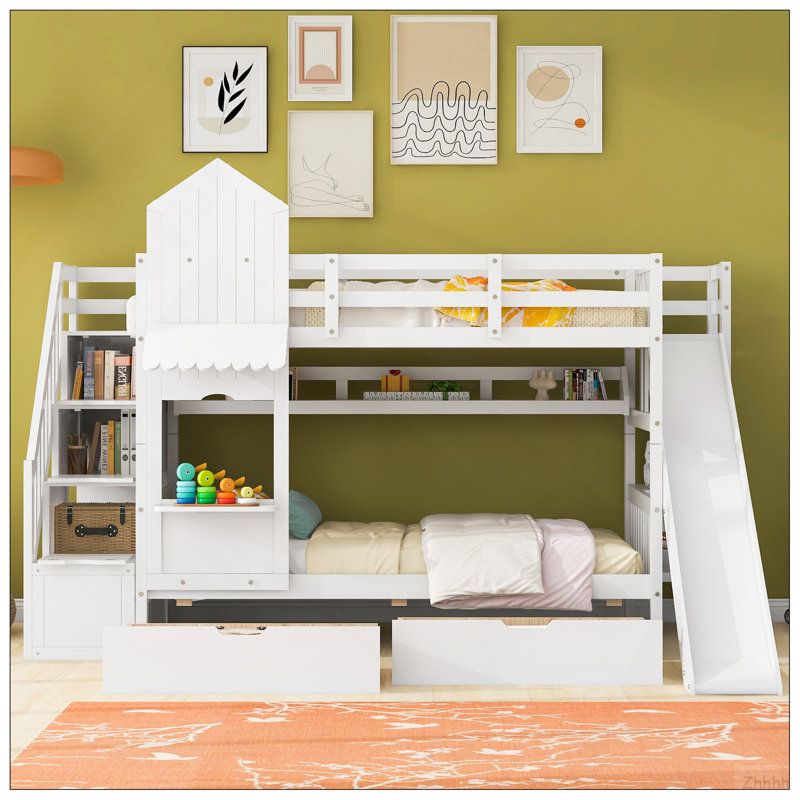Lit superposé simple au-dessus d'un lit simple avec 2 tiroirs, 3 tablettes et glissade - blanc, Blanc