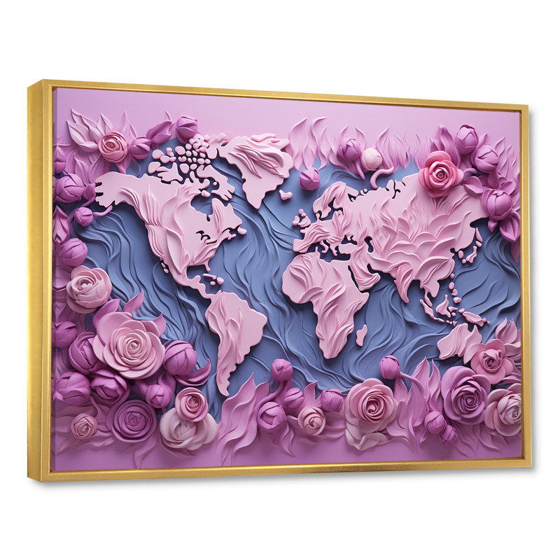 «Pink Whimsical Waters World Map I», reproduction sur toile, Cadre flottant doré, H 34 po x l 44 po x P 1,5 po