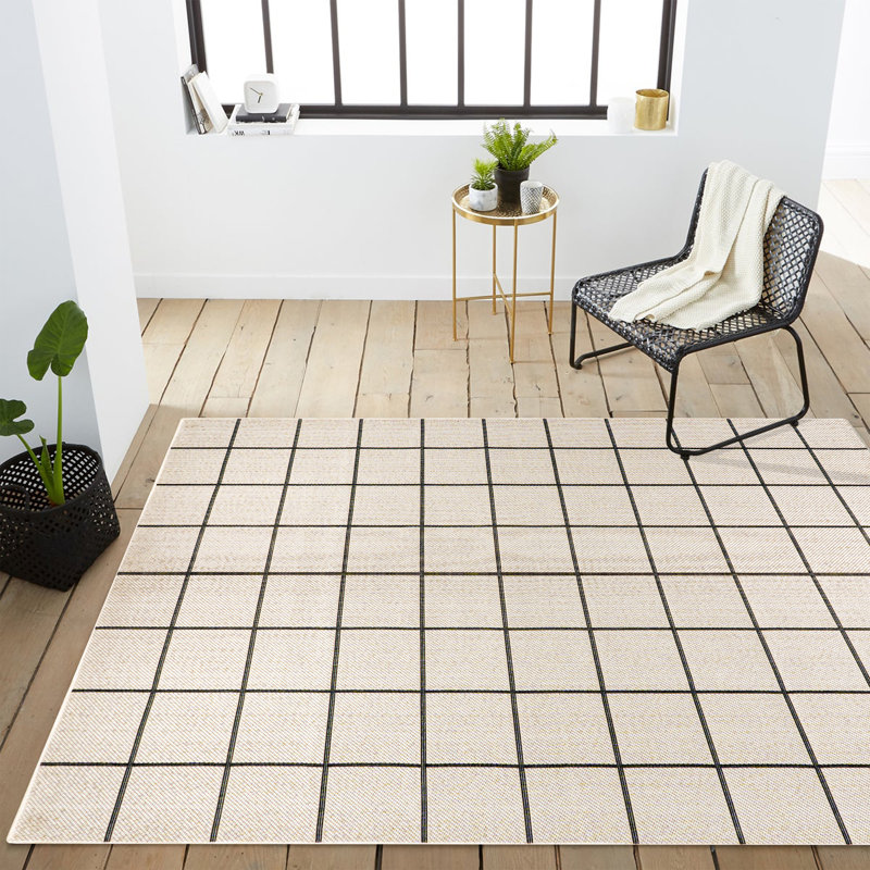 Garnon Grid Modern Squares Cream/Black Indoor/Outdoor Rug, Rectangle 5'3" x 7'7"