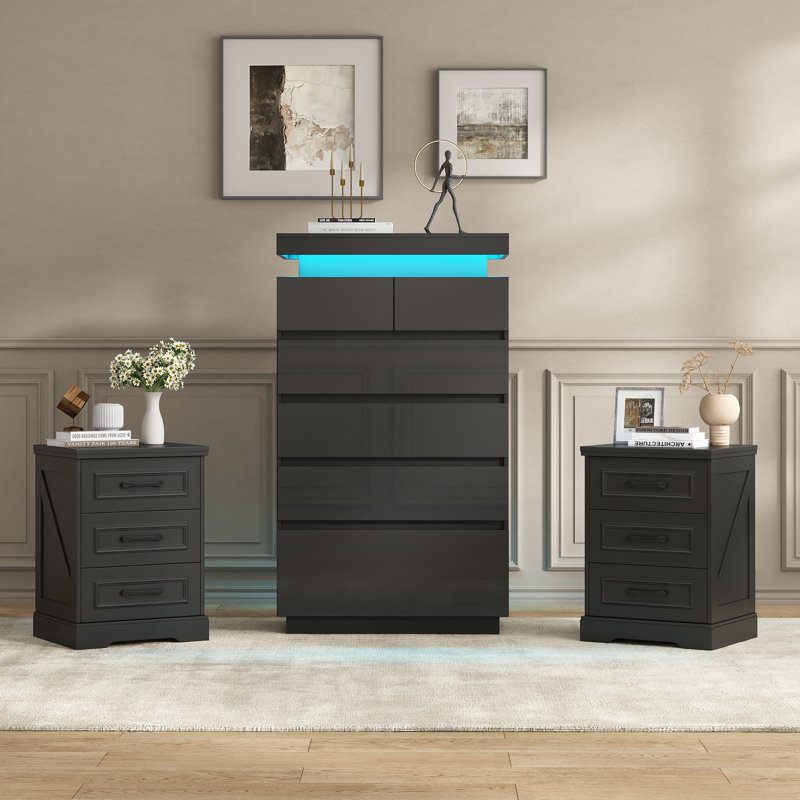 Ensemble de rangement de 3 pièces pour chambre à coucher : commode haute à 6 tiroirs avec éclairage DEL et 2 tables de chevet