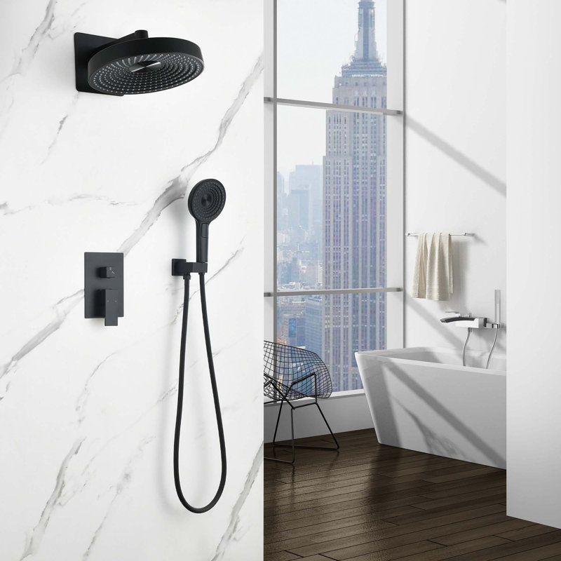 Système de douche encastré minimaliste moderne à 2 fonctions - Valve de contrôle en laiton massif, douche en ABS et à main avec buses en silicone autonettoyantes