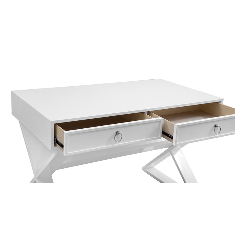 Bureau blanc brillant Everly avec base en X et 2 tiroirs sur tablette de rangement