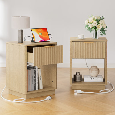 Seyla 18''W Fluted 1-Drawer Nightstand With Open Cubby, Wood Nightstand With Built-in Outlets (set Of 2)
