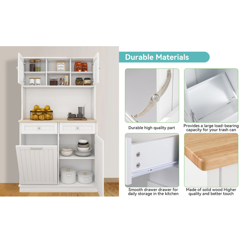 Tall  Storage Cabinet With 3 Adjustable Shelves, 2 Drawers And 1 Tilt Out Trash Cabinet