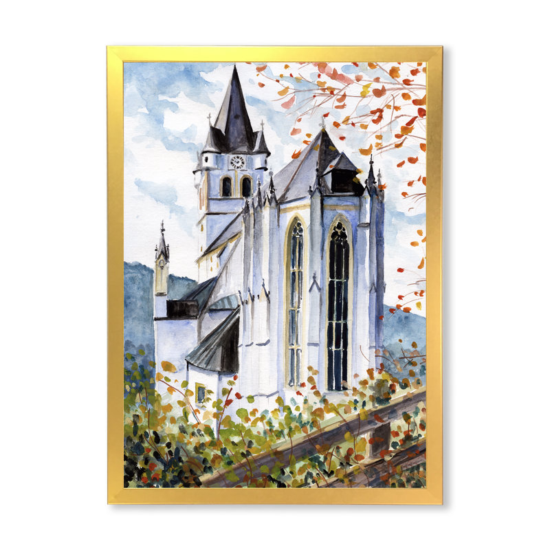 Église gothique verte - Peinture sur toile, H 32 po x l 24 po, Cadre doré