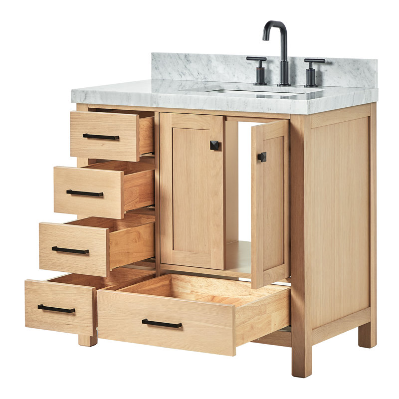 Ariel Cambridge 36 In. Right Offset Vanity With 2 In. Carrara Marble Countertop, Oak