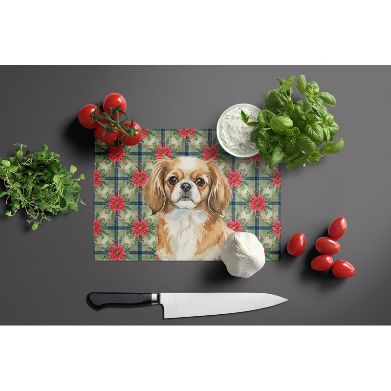 Planche à découper en verre Tibetan Spaniel Christmas PoinsettIas, Fauve