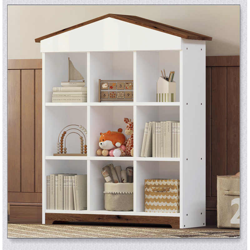 House-shaped Storage Rack with Nine Storage Compartments, Three-layer Storage Shelf with Colorblock Design, Brown/White