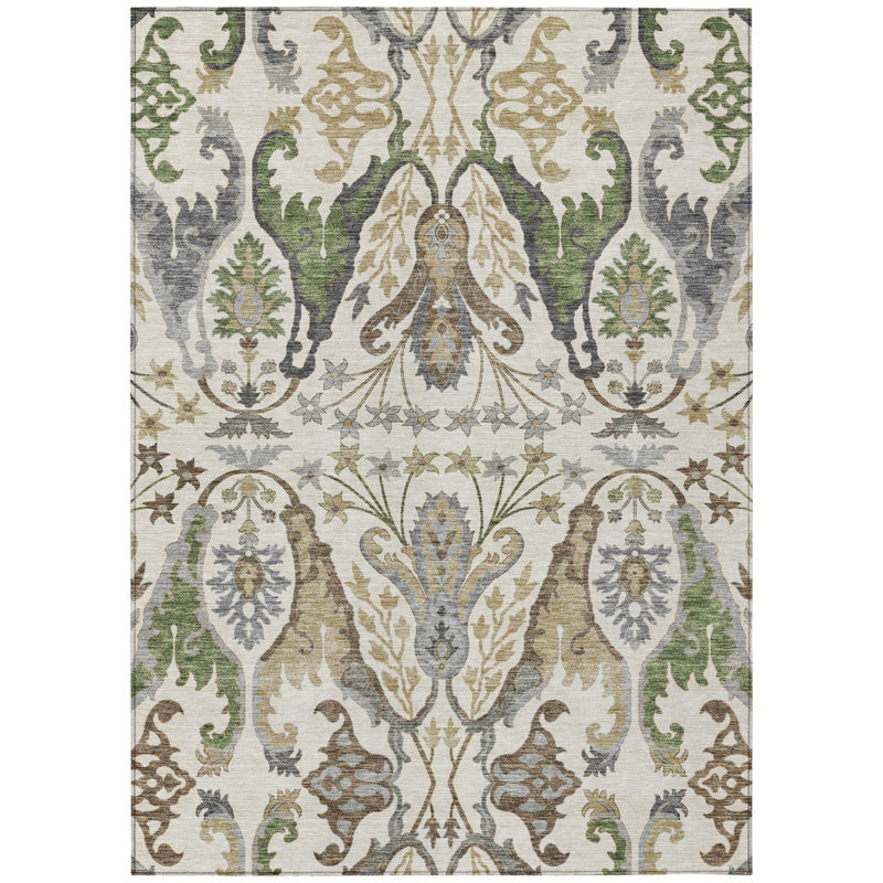 Tapis extérieur lavable floral vert ivoire et brun 3 pi x 5 pi