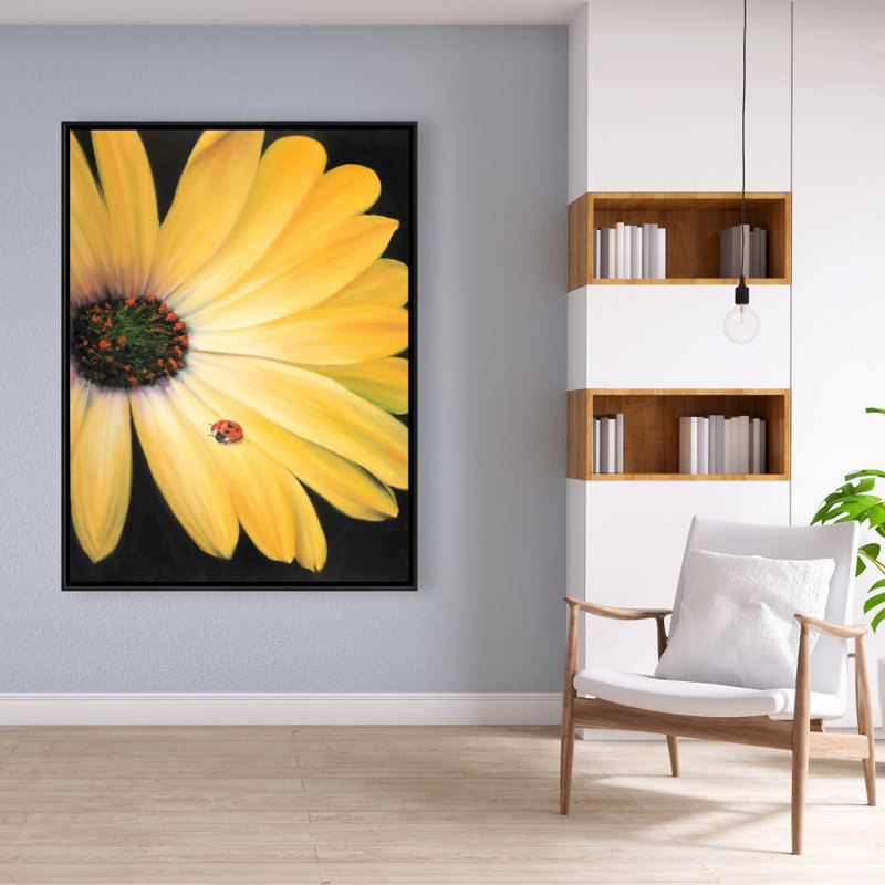Reproduction de marguerite jaune et coccinelle sur toile