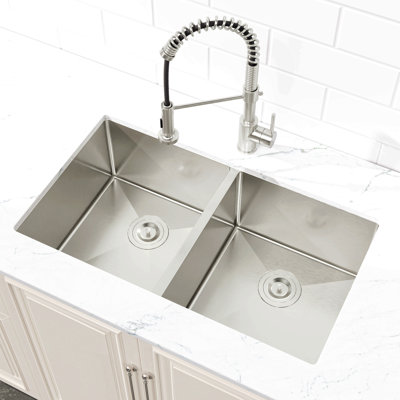 33"X19" Embedded Double Bowl Kitchen Sink, Handmade Sink In Brushed (Sink Only)