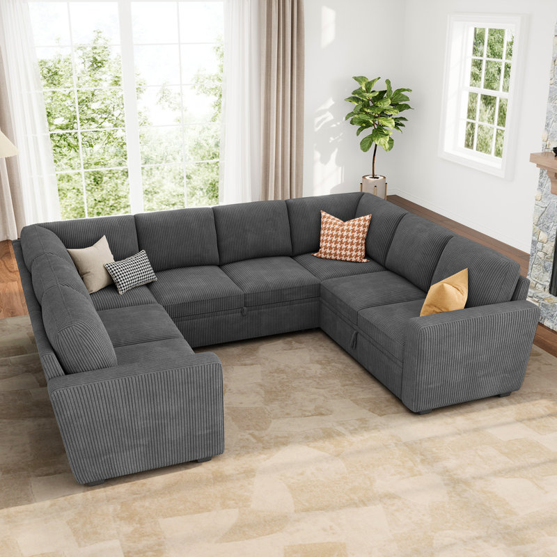 Anureet Latitude Run® U Shaped Modular Sofa Bed Convertible Sleeper Sectional, Gray Couduroy