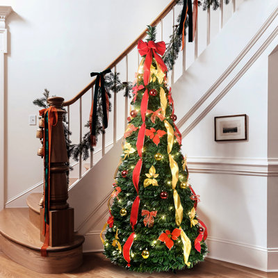 Arbre de Noël escamotable 7,5 pi avec 200 lumières UL blanc chaud, 80 accessoires festifs, décor rouge et or, idéal pour une décoration rapide dans de petits espaces.