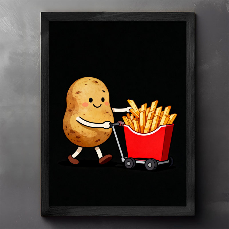 Art encadré noir, pommes de terre mignonnes pour faire des frites, art mural de style rétro, H 11 po x l 9 po