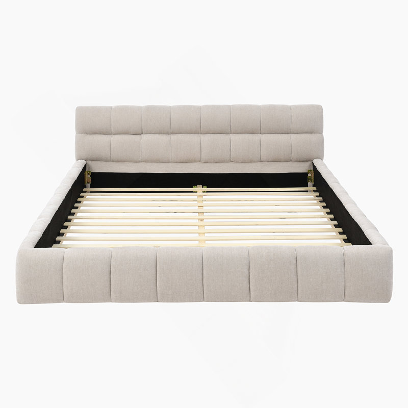 Structure de lit grand rembourré avec tissu épais et tête de lit, Beige
