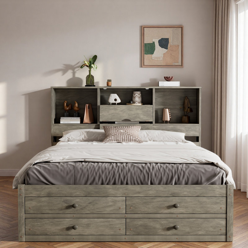 Lit plateforme avec tête de lit avec rangement et 8 tiroirs, Gris, Grand lit