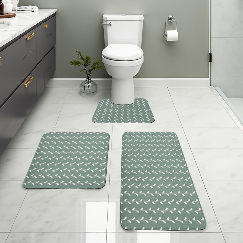  Abstract Bathroom Rug Set 3 Pieces U-Shape & Rectangle Mats Pale Sage Green White