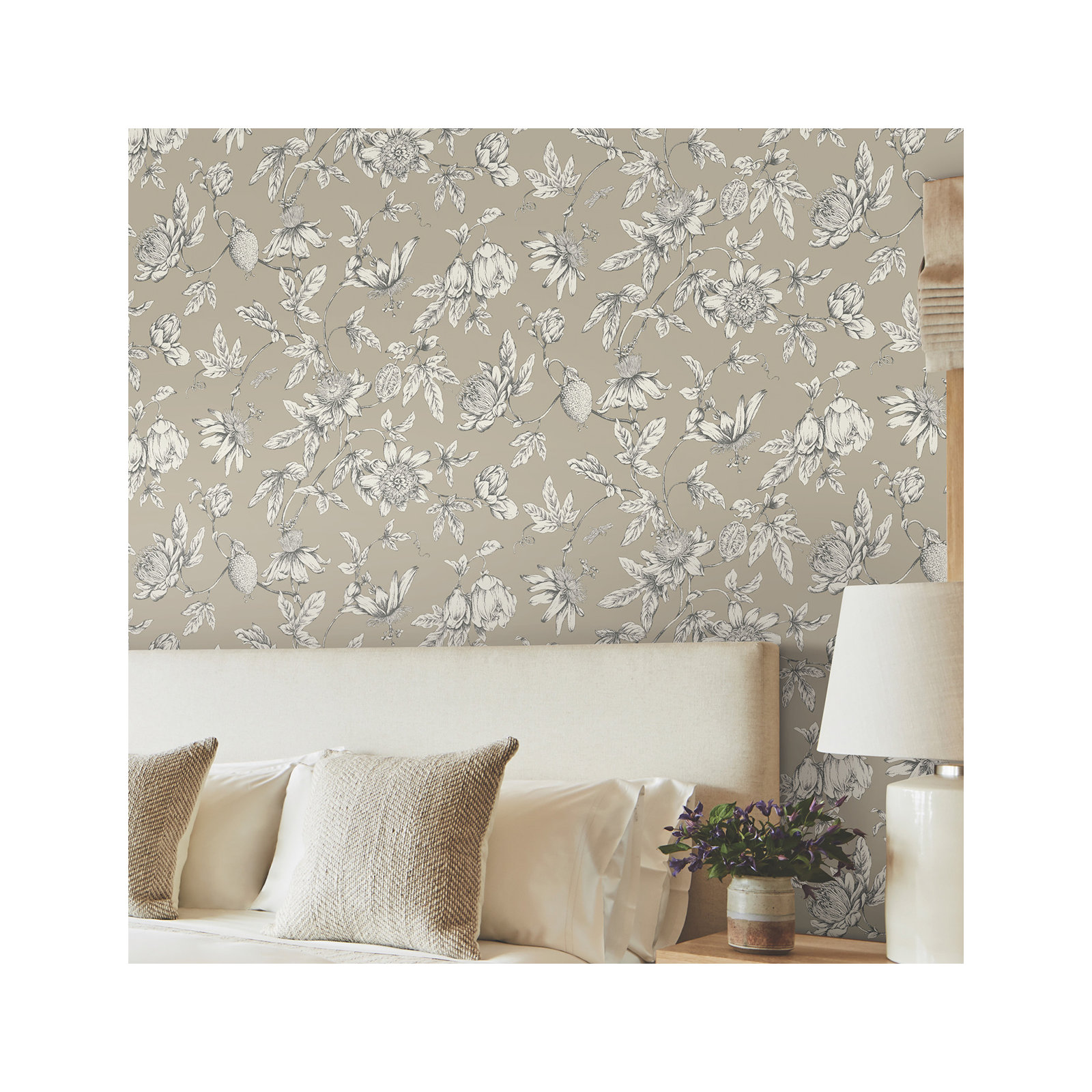 Passion Flower Toile Floral Wallpaper, Linen