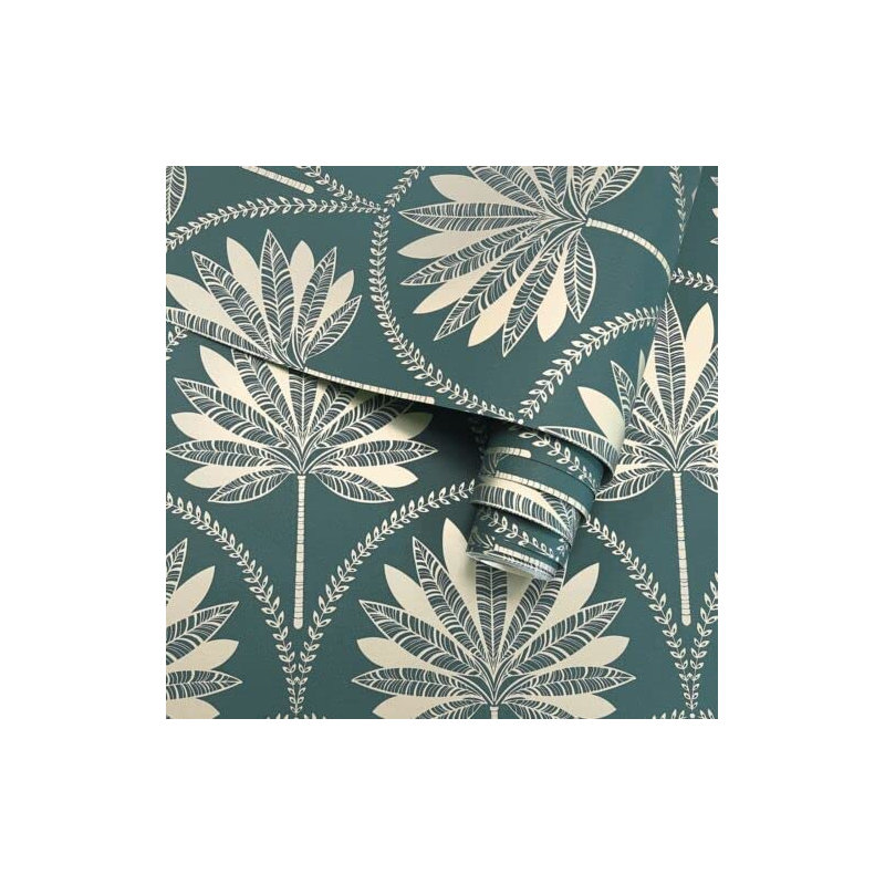 Alstrom Dusky Blue Metallic Gold and Teal Tropical Palm Tree Leaves Feature Wallpaper 10m x 53cm Roll, Teal/Gold