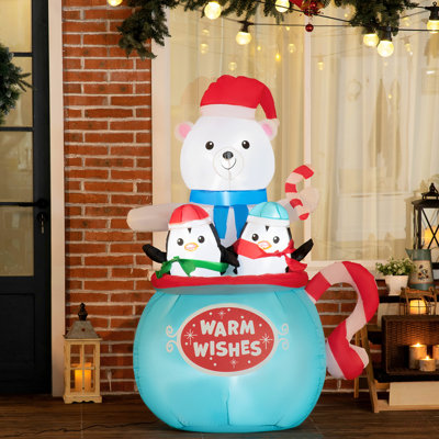 5Ft Christmas Inflatables Outdoor Decorations With LED Lights, Blessed Polar Bear And Penguins In A Cup, Easy Setup