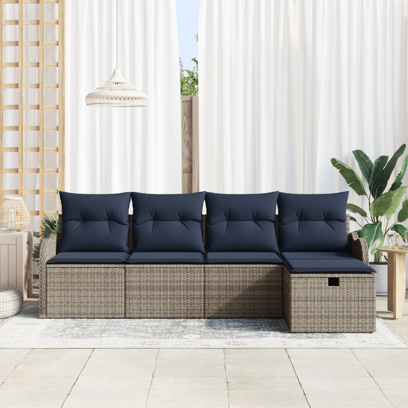 vidaXL Garden Sofa Set with Cushion 5 pcs Grey and Navy Poly Rattan, Gray Frame/Navy Blue Cushion