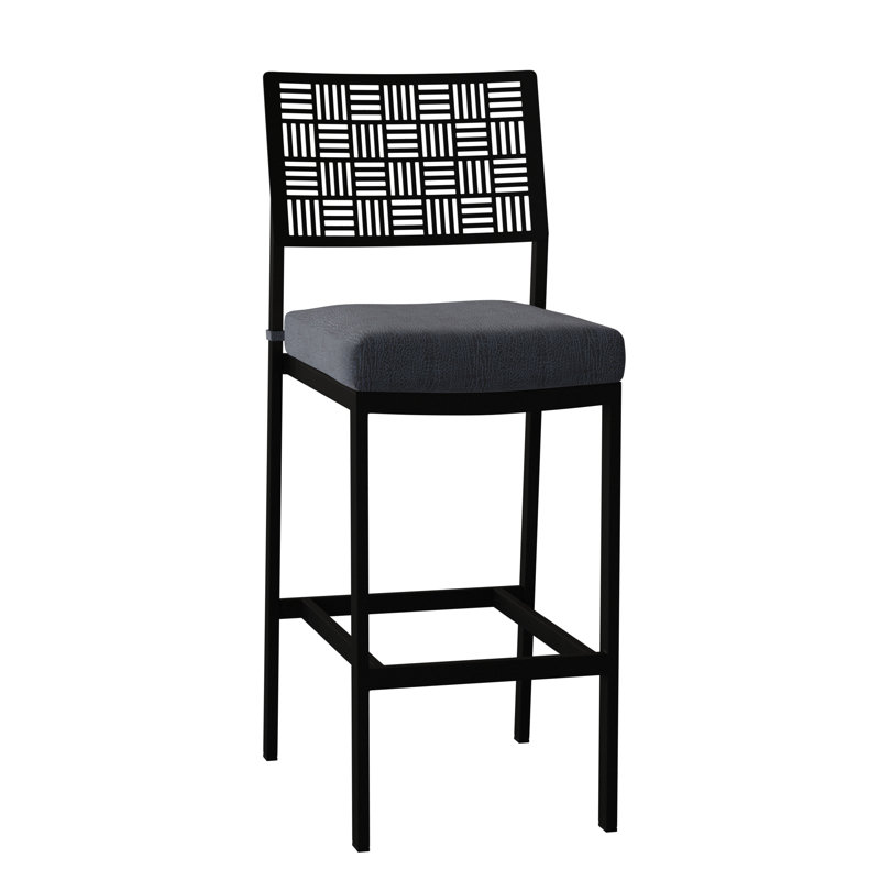 New Century Outdoor Bar Stool, Textured Black, Spectrum Denim Sunbrella® Plainweave